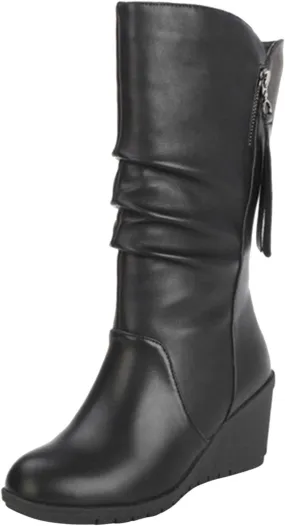 High Heels Boots for Women Fashion Ruched Boots Leather Round Toe Combat Boots Chunky Dress Pump Mid Calf Boots