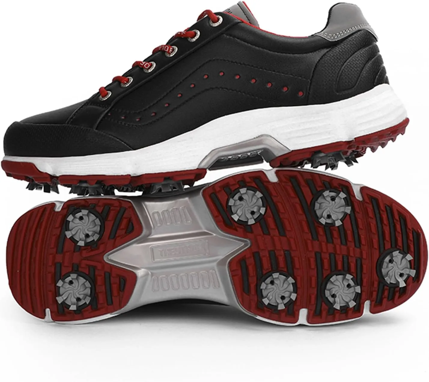 JiuQing Men's Golf Shoes Professional Spikes Leather Golfing Trainers Waterproof Anti-Slip