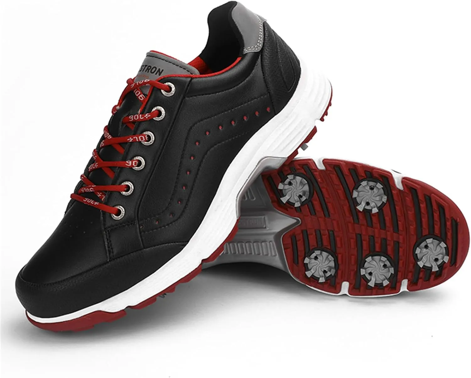 JiuQing Men's Golf Shoes Professional Spikes Leather Golfing Trainers Waterproof Anti-Slip