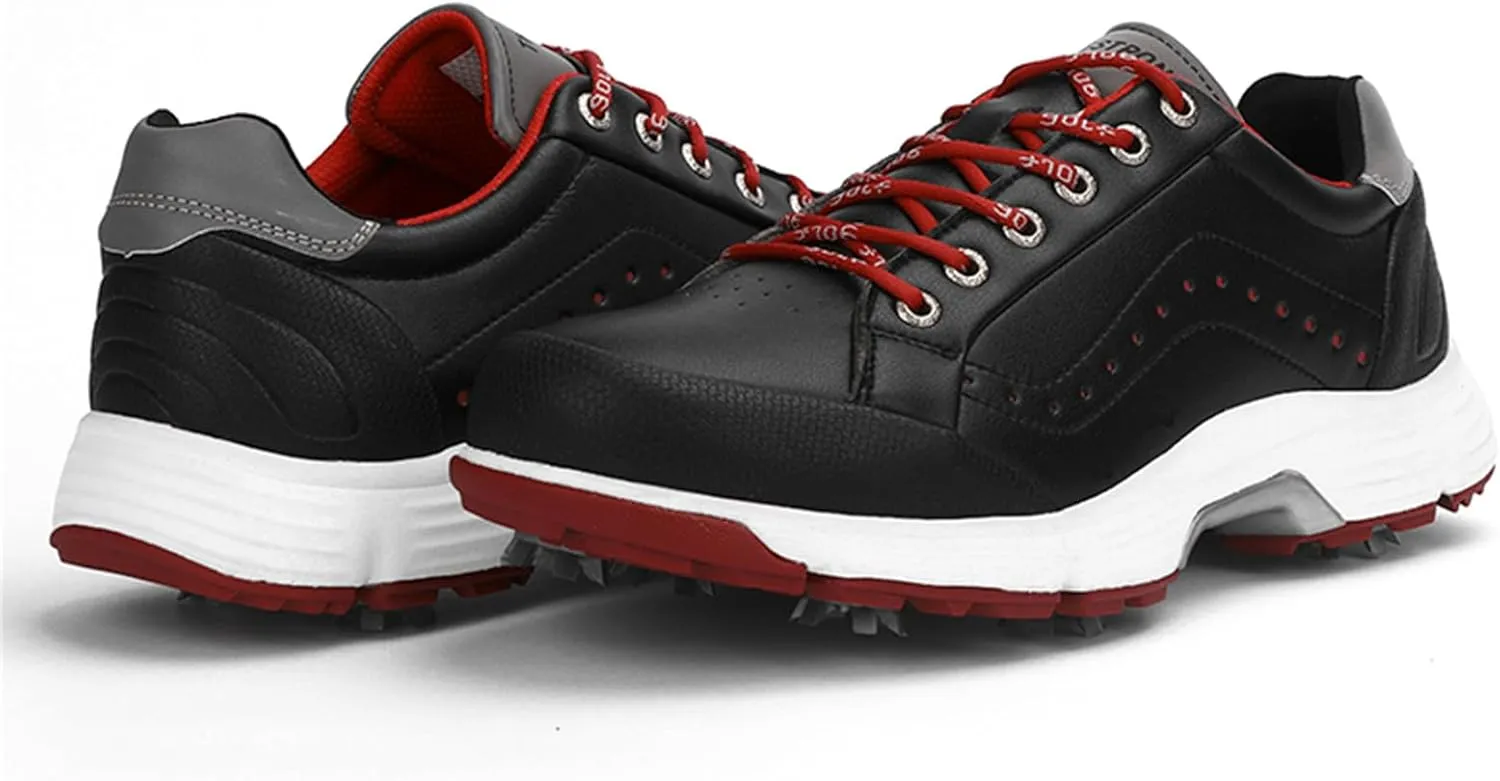 JiuQing Men's Golf Shoes Professional Spikes Leather Golfing Trainers Waterproof Anti-Slip