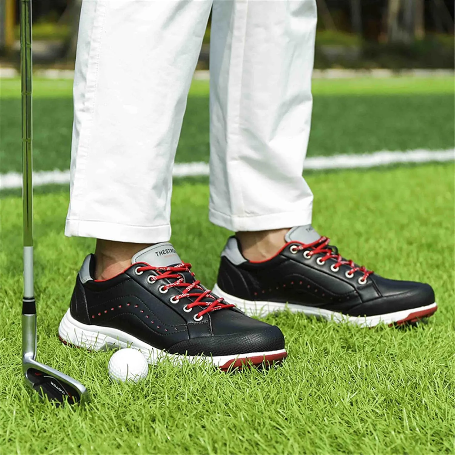 JiuQing Men's Golf Shoes Professional Spikes Leather Golfing Trainers Waterproof Anti-Slip