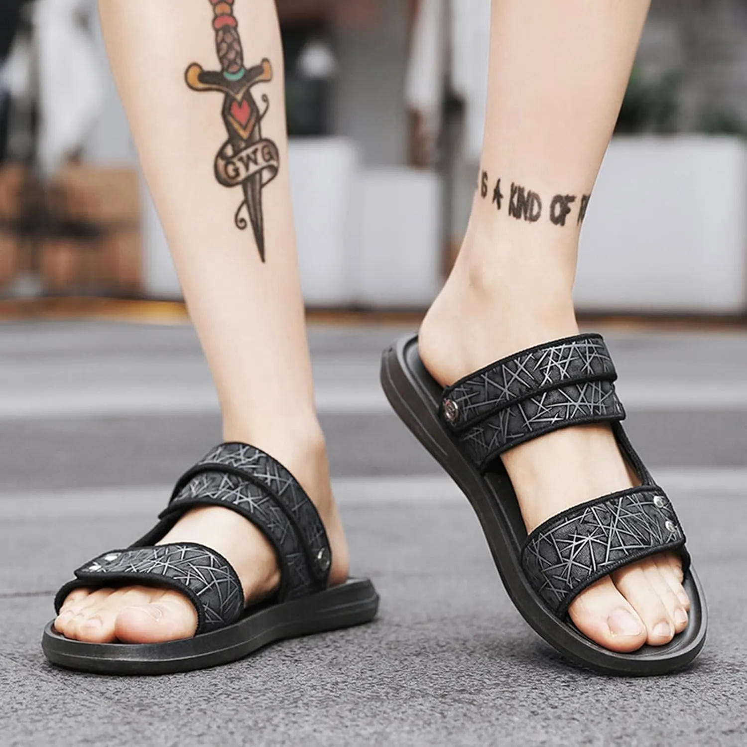 Men's Flat Sandals with Adjustable Dual use Ankle Straps, Casual Open Toe Slip-On Non-Slip Summer Beach Slipper