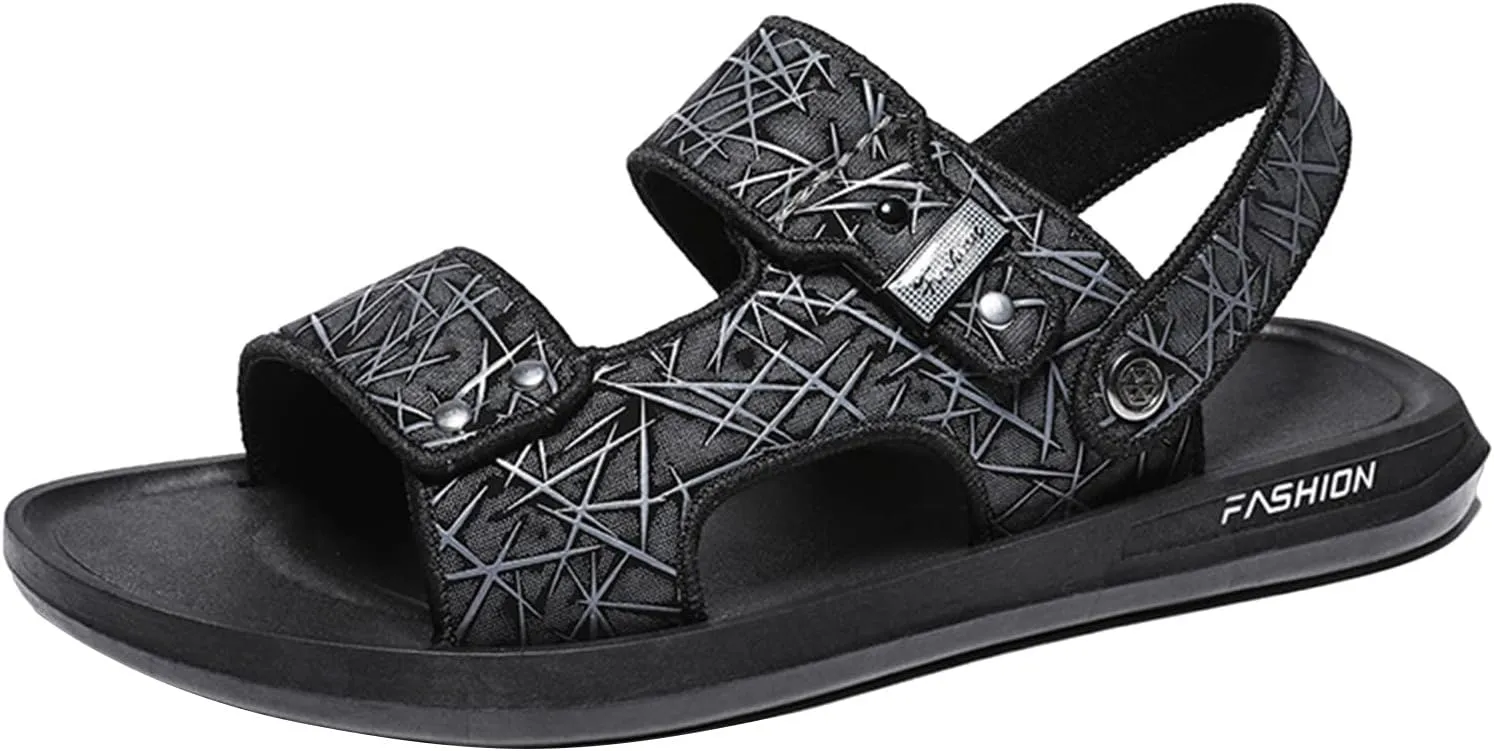 Men's Flat Sandals with Adjustable Dual use Ankle Straps, Casual Open Toe Slip-On Non-Slip Summer Beach Slipper