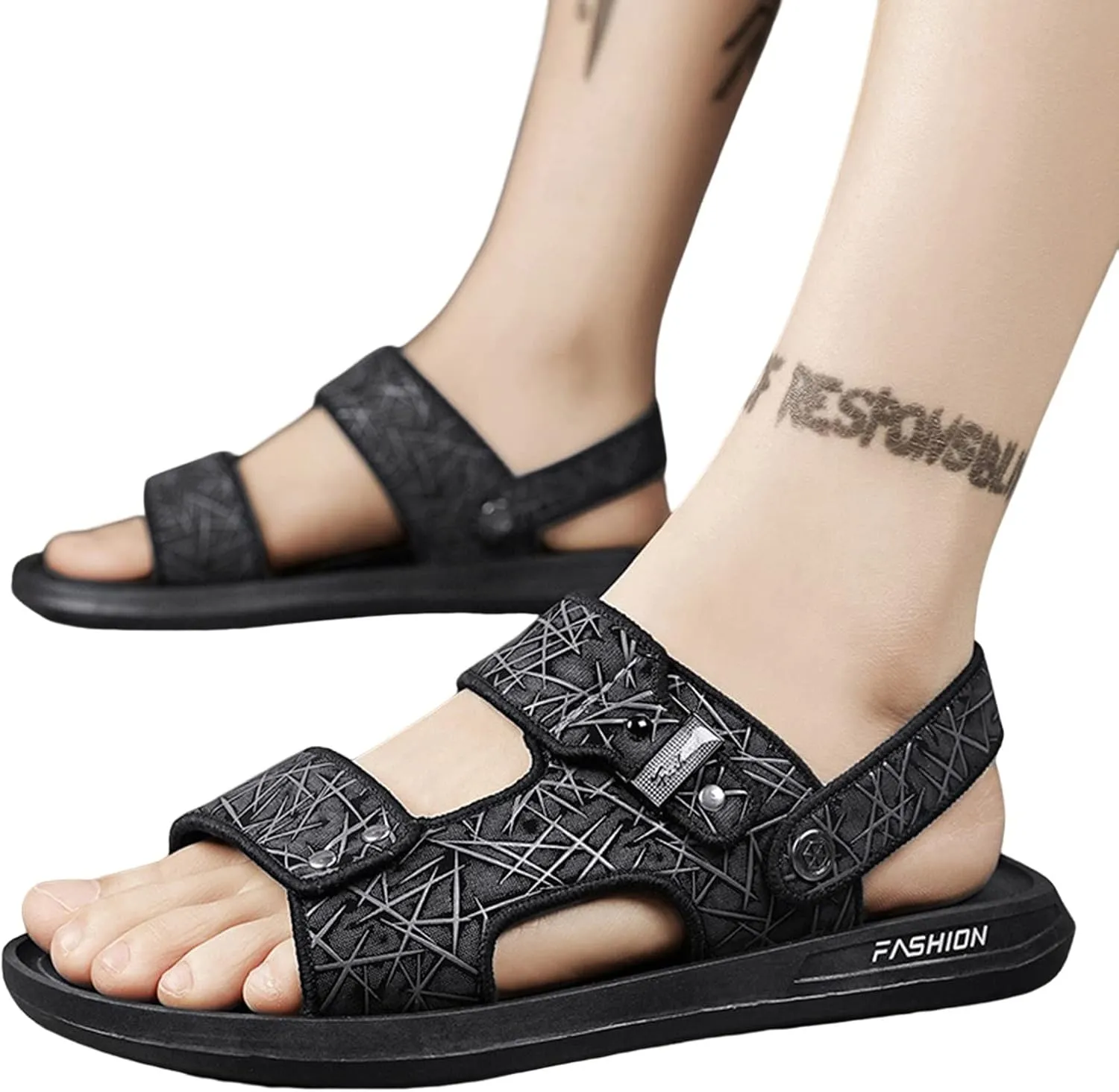 Men's Flat Sandals with Adjustable Dual use Ankle Straps, Casual Open Toe Slip-On Non-Slip Summer Beach Slipper