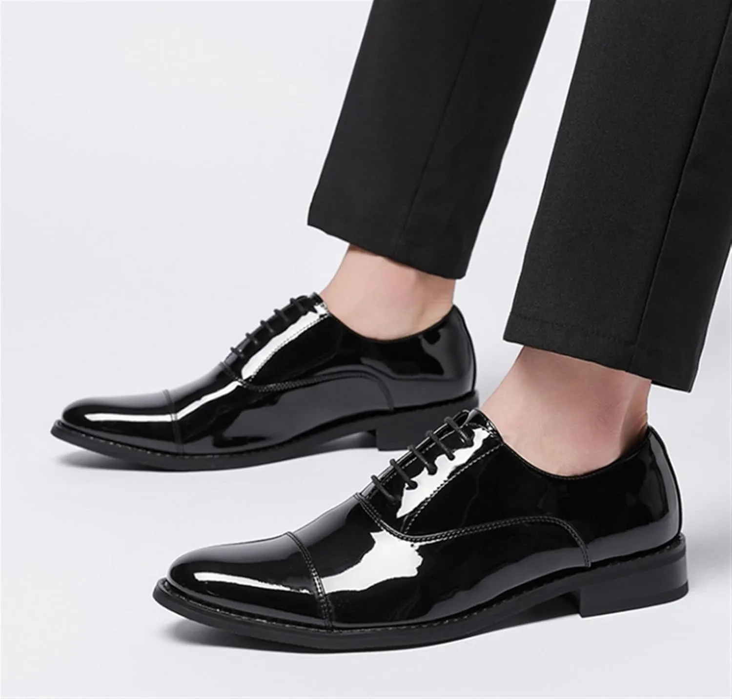 Men's Patent Leather Oxfords Casual Shoes Dress Formal Leather Cap Toe Derby Shoes Lace Up Walking Fashion Low-top Leather Shoes for Wedding Prom Business