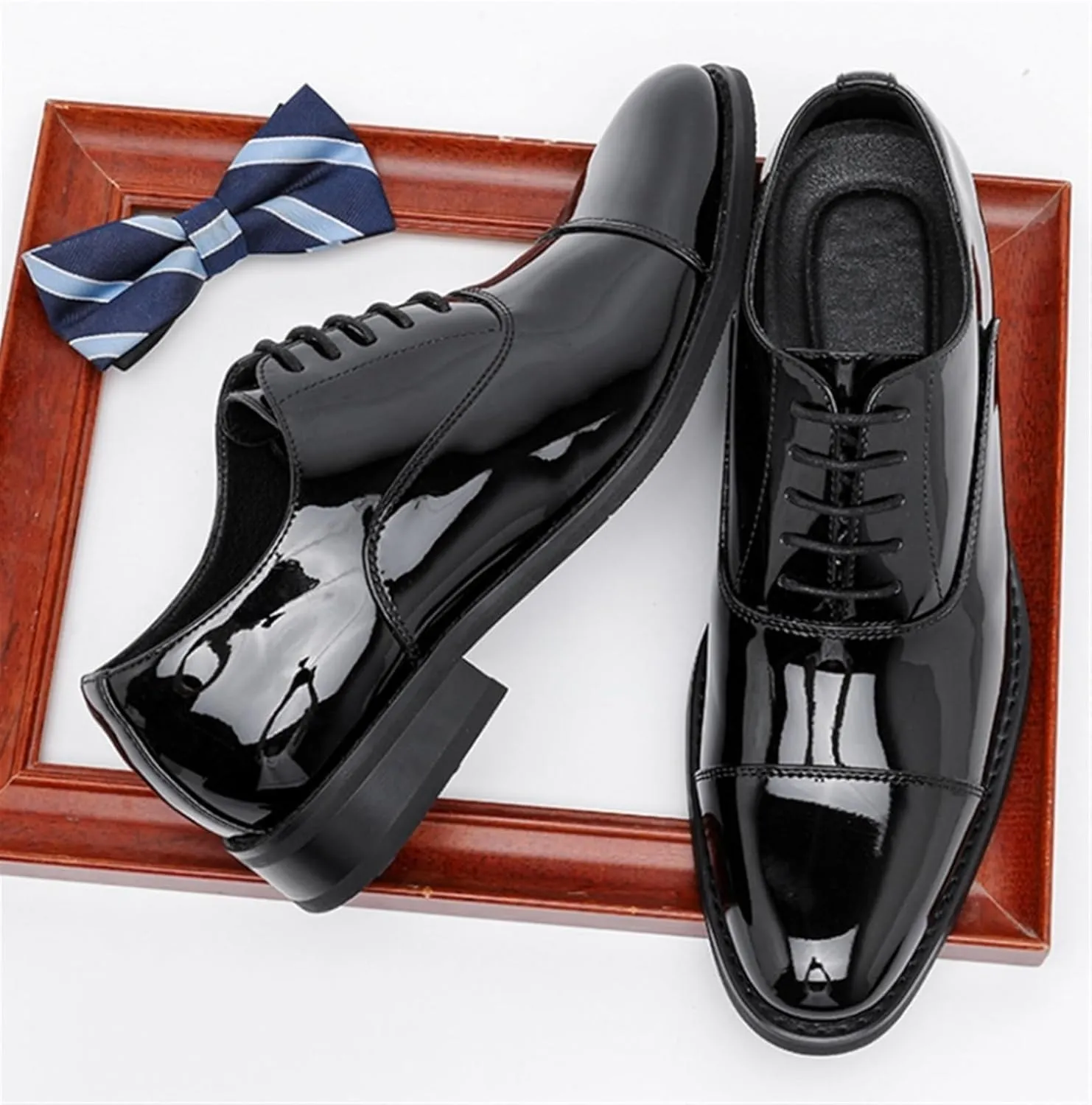 Men's Patent Leather Oxfords Casual Shoes Dress Formal Leather Cap Toe Derby Shoes Lace Up Walking Fashion Low-top Leather Shoes for Wedding Prom Business
