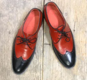 New Stylish Handmade Men's Tan Black Wing Tip Leather Shoes, Men Designer Shoes