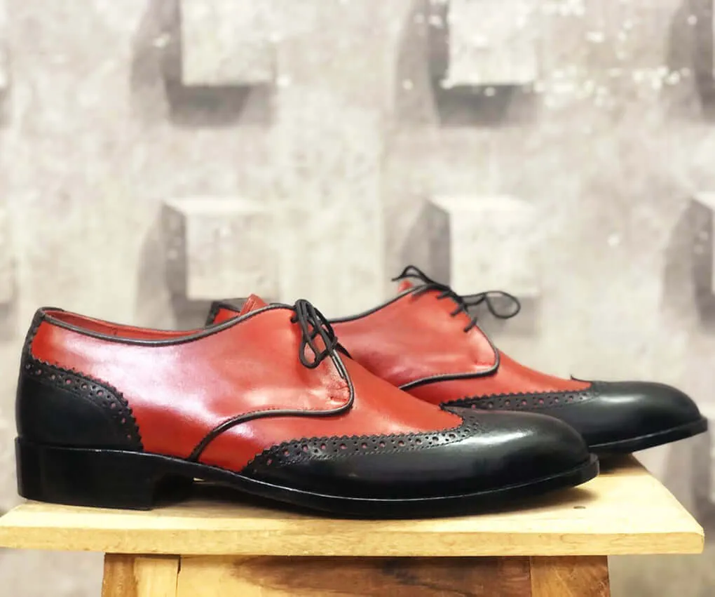 New Stylish Handmade Men's Tan Black Wing Tip Leather Shoes, Men Designer Shoes