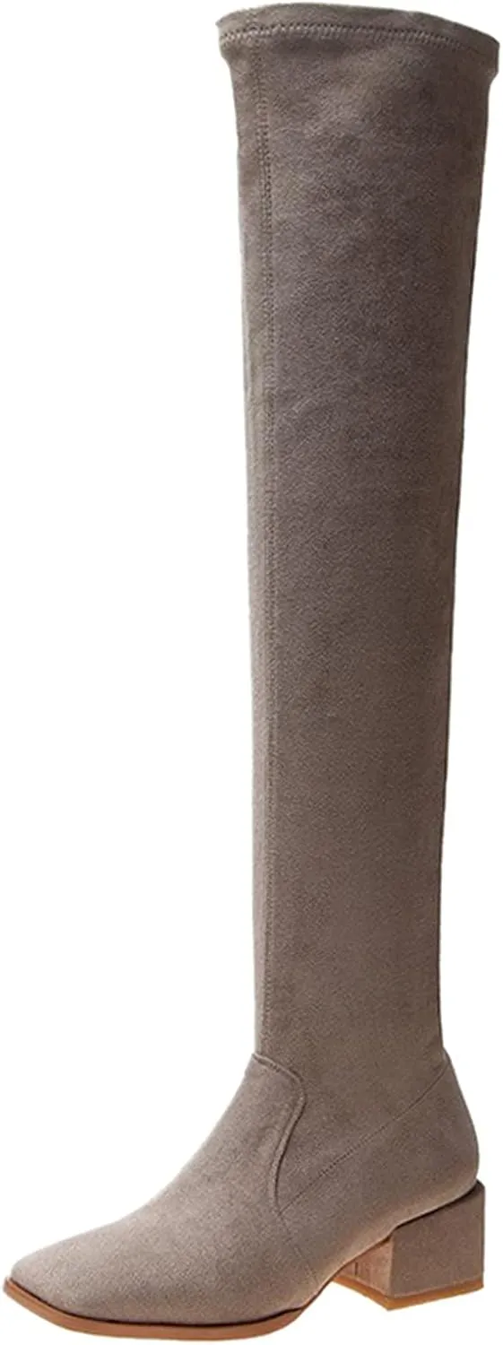 Over the Knee Boots for Women Thigh High Boots for Women Fashion Flock Square Toe Chunky Heels Long Tall Boots Comfy