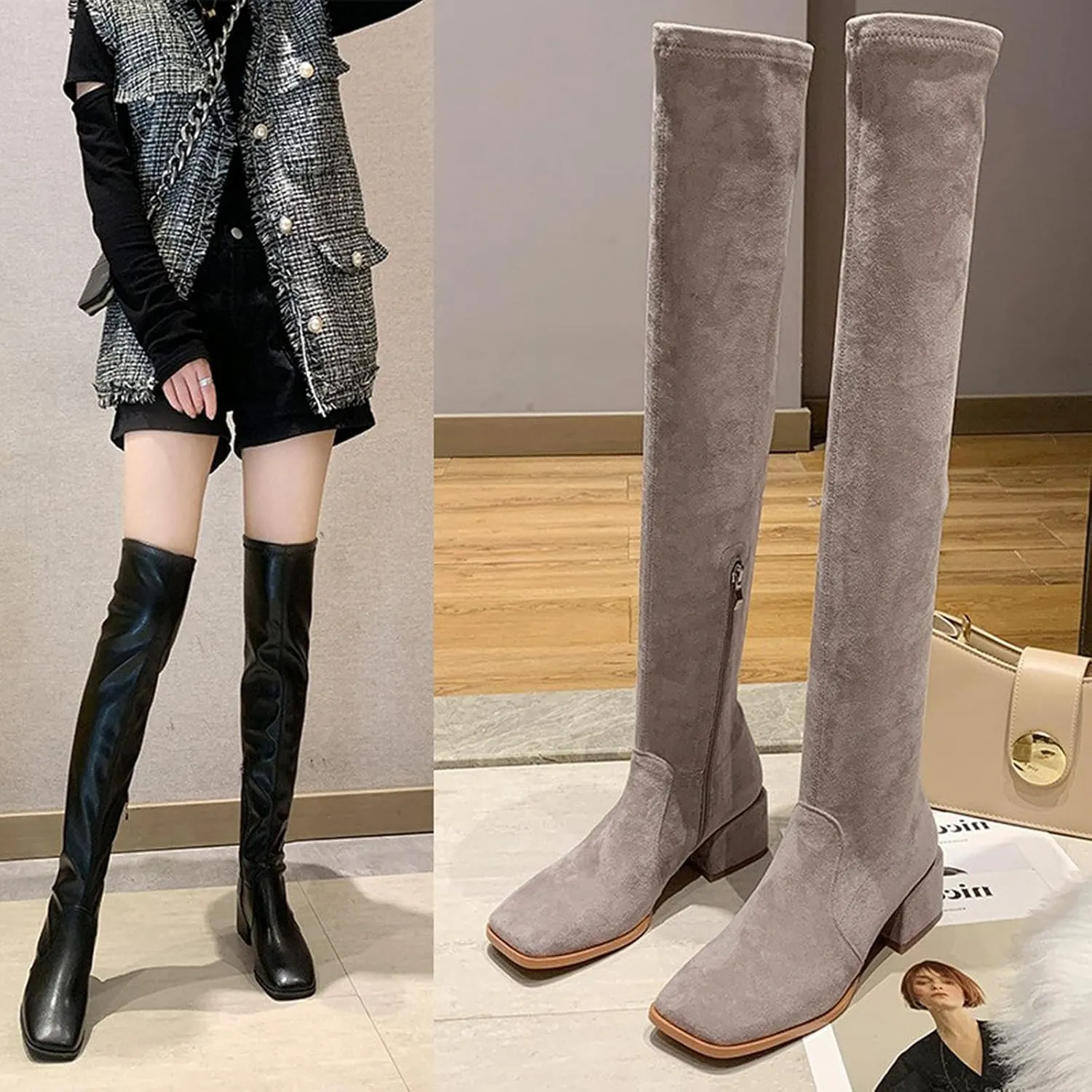 Over the Knee Boots for Women Thigh High Boots for Women Fashion Flock Square Toe Chunky Heels Long Tall Boots Comfy