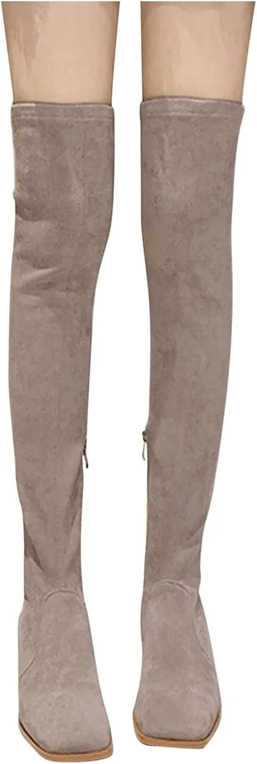 Over the Knee Boots for Women Thigh High Boots for Women Fashion Flock Square Toe Chunky Heels Long Tall Boots Comfy