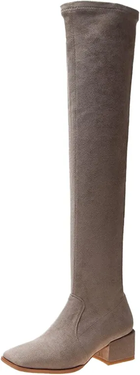 Over the Knee Boots for Women Thigh High Boots for Women Fashion Flock Square Toe Chunky Heels Long Tall Boots Comfy