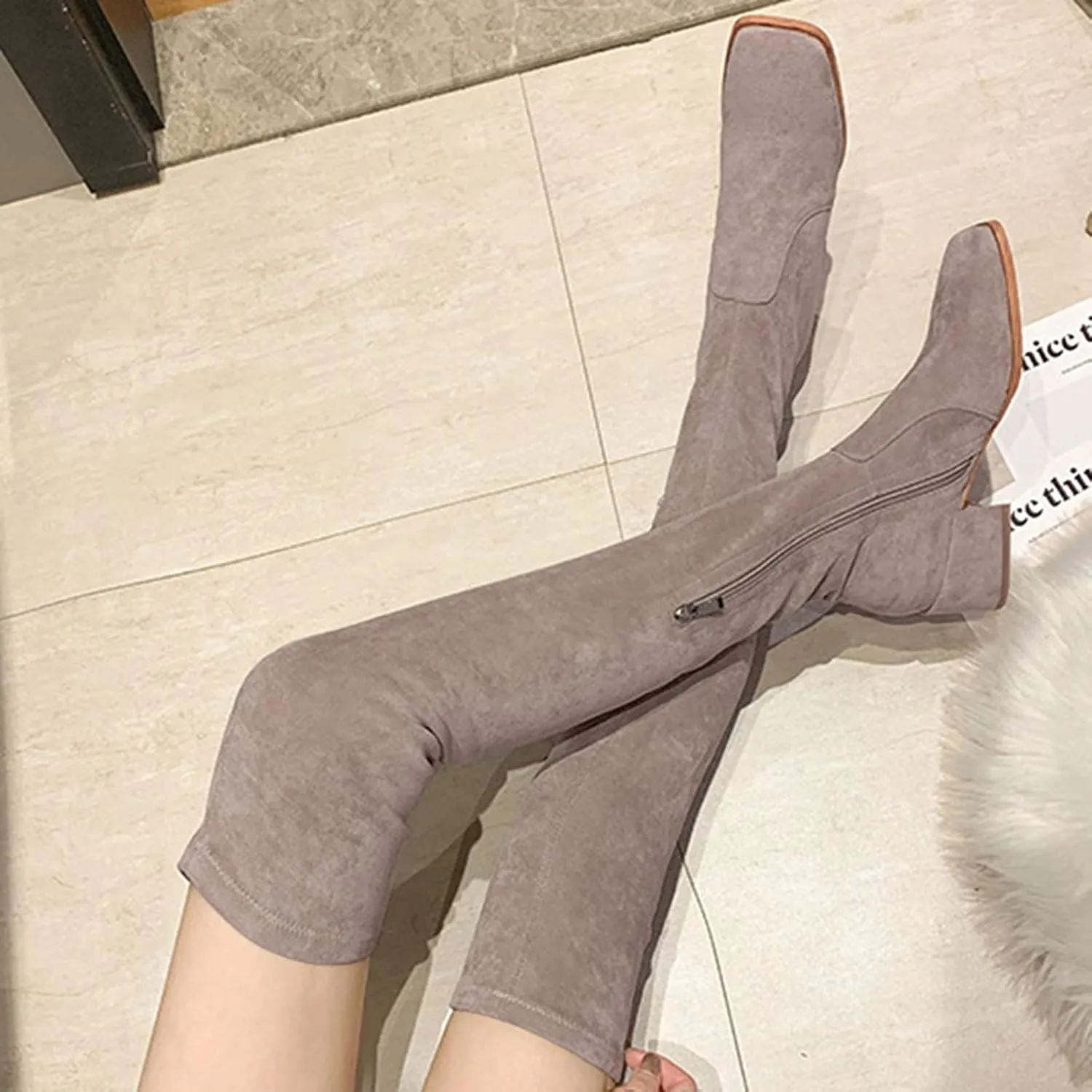 Over the Knee Boots for Women Thigh High Boots for Women Fashion Flock Square Toe Chunky Heels Long Tall Boots Comfy