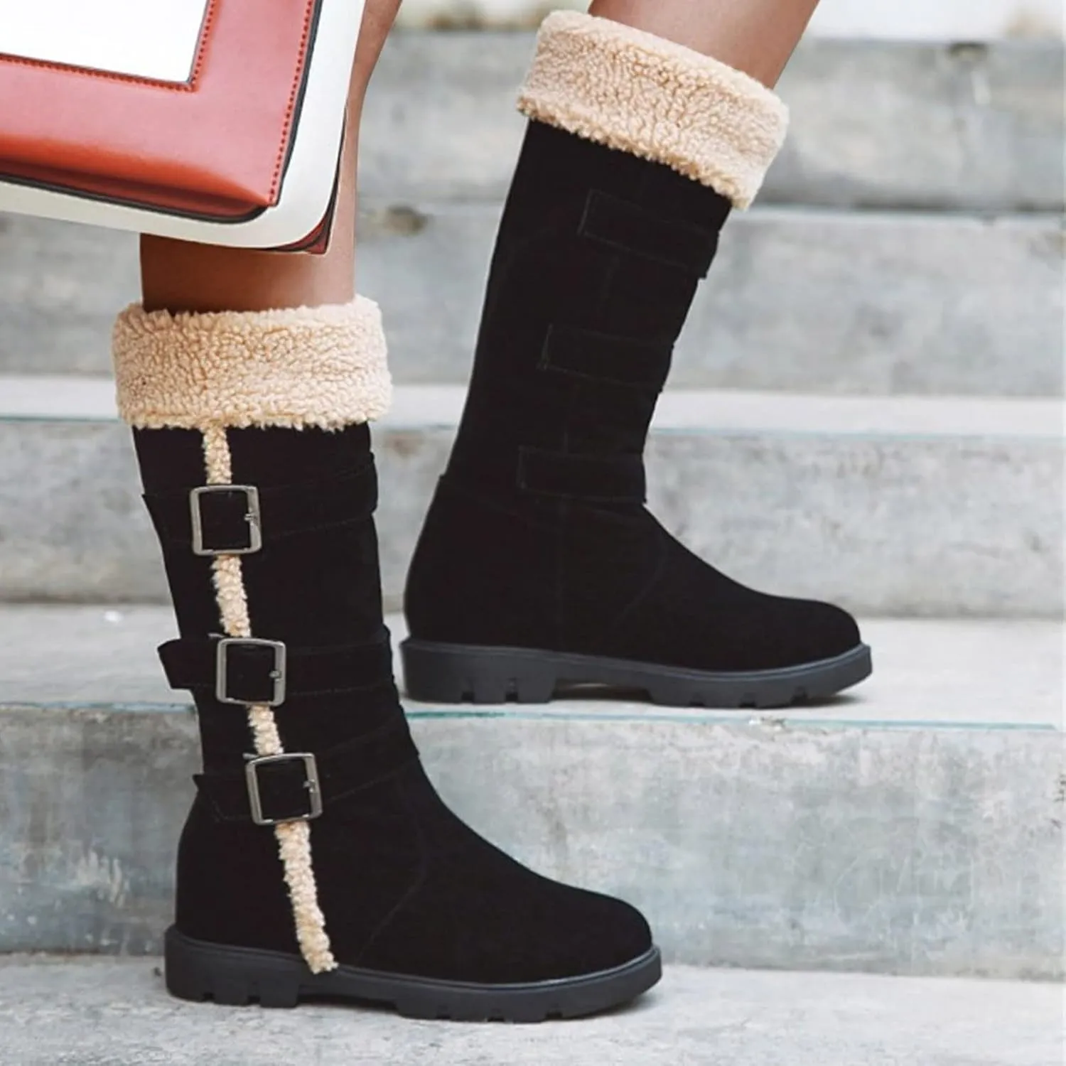 peqiut Womens Snow Boots Winter Snow Shoes Solid Color Suede Belt Long Boots Fashion Belt High Boots for Women Comfort
