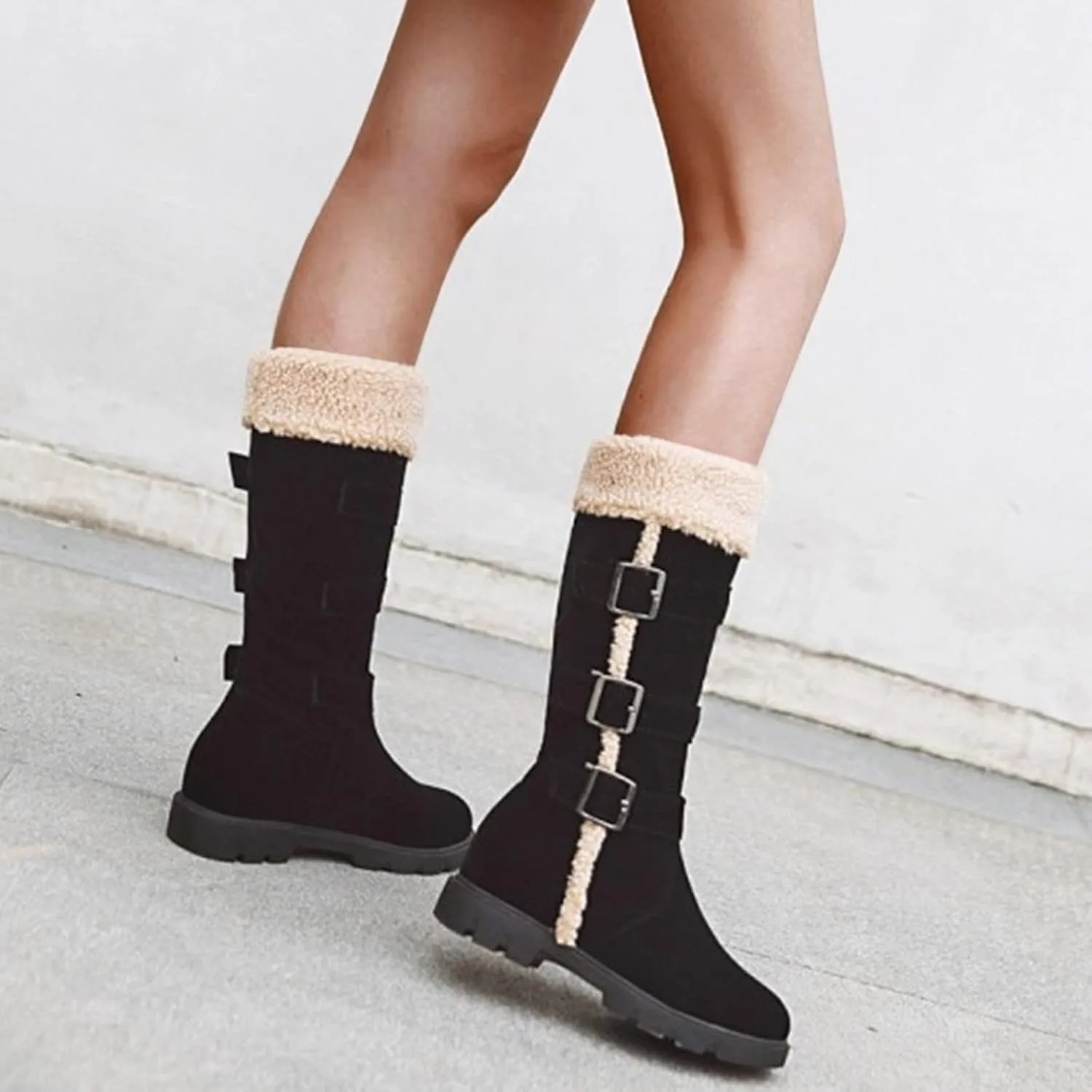 peqiut Womens Snow Boots Winter Snow Shoes Solid Color Suede Belt Long Boots Fashion Belt High Boots for Women Comfort