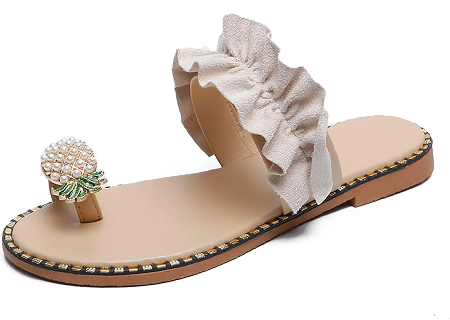Sandals for Women Thong Bohemia Bling Rhinestone Pearl Flat Gladiator Pearls Clip Flip Flops, Sweet Cute Boho Casual Home Beach Ruffle Trim Ring Slip on Slippers Open Toe Dress Shoes