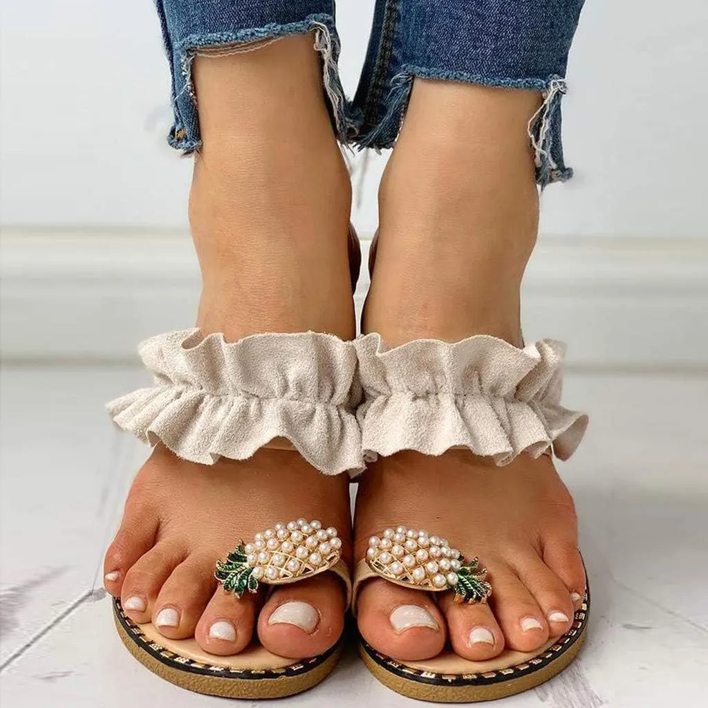 Sandals for Women Thong Bohemia Bling Rhinestone Pearl Flat Gladiator Pearls Clip Flip Flops, Sweet Cute Boho Casual Home Beach Ruffle Trim Ring Slip on Slippers Open Toe Dress Shoes