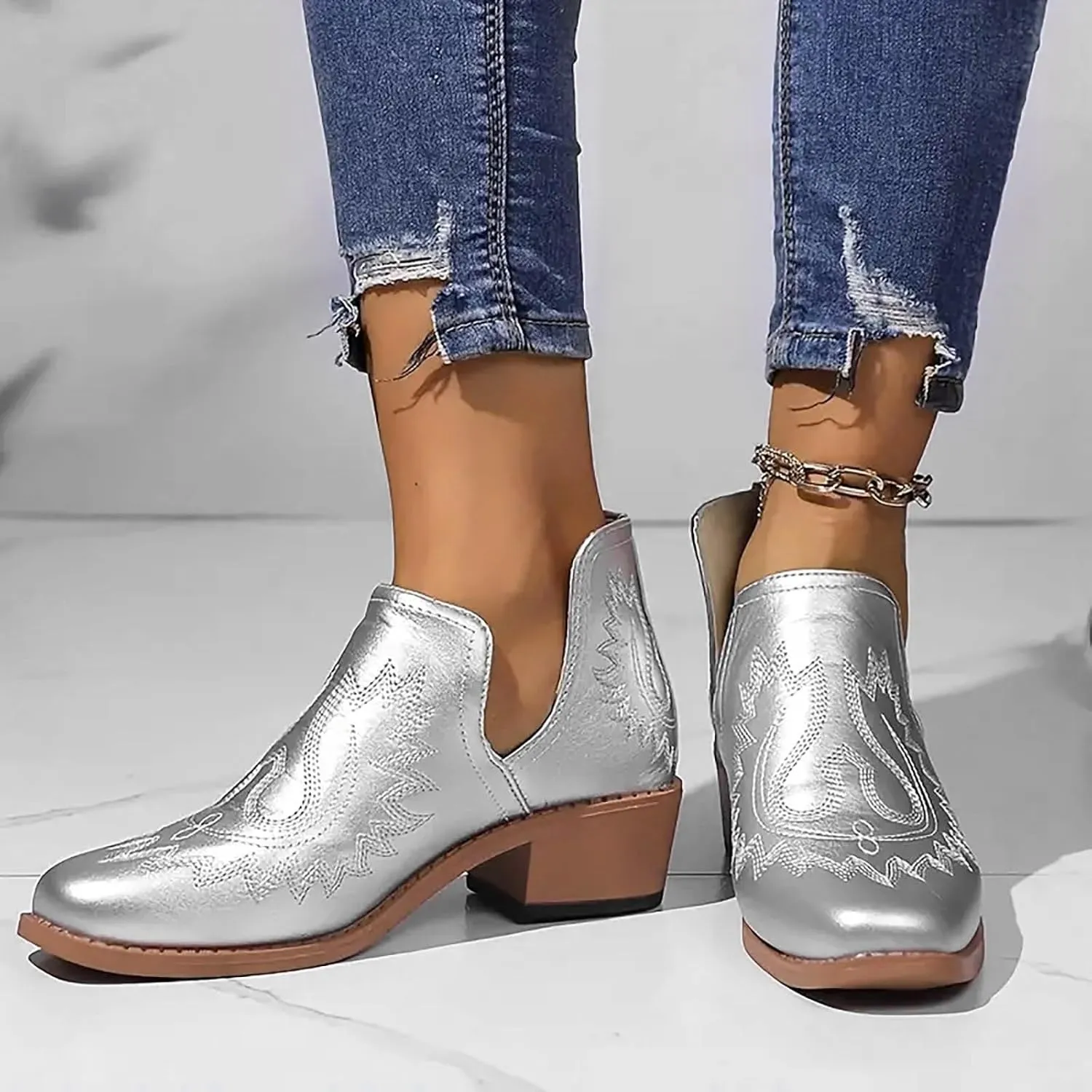 Western Boots Women Fashion Boots for Women Dressy Low Heel Round Toe Chunky Heel Low Heels Slip on Fashionable