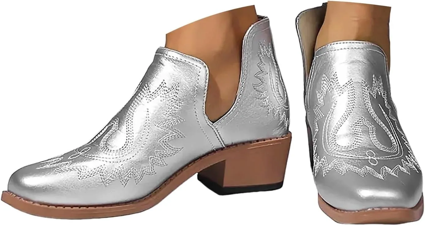 Western Boots Women Fashion Boots for Women Dressy Low Heel Round Toe Chunky Heel Low Heels Slip on Fashionable
