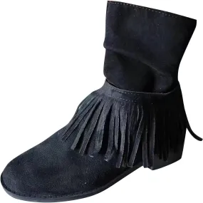 Women's Ankle Boots Fashion Tassel Chunky Thick Block Heel Western Suede Pointed Toe Mid-Calf Booties Shoes
