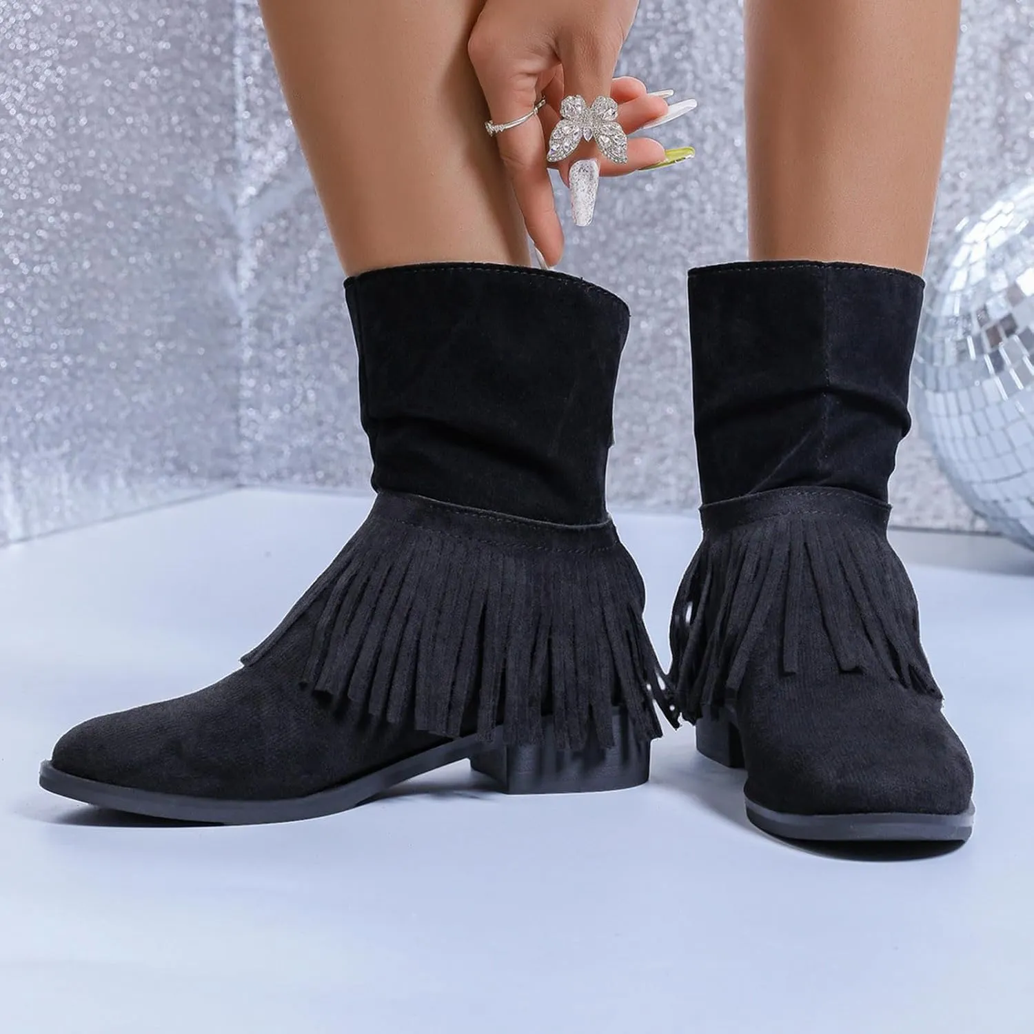 Women's Ankle Boots Fashion Tassel Chunky Thick Block Heel Western Suede Pointed Toe Mid-Calf Booties Shoes
