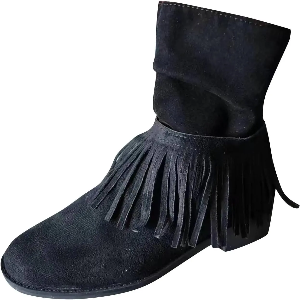 Women's Ankle Boots Fashion Tassel Chunky Thick Block Heel Western Suede Pointed Toe Mid-Calf Booties Shoes