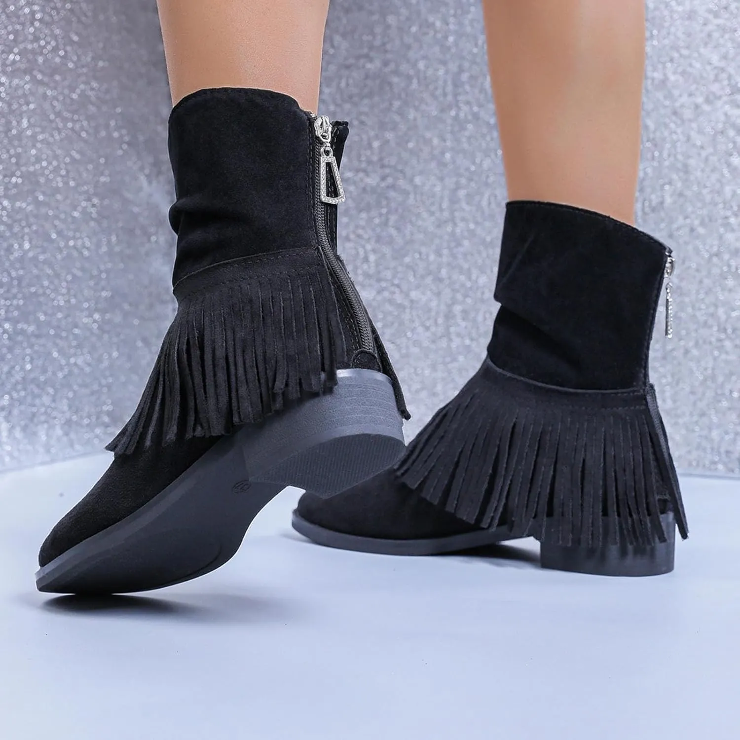 Women's Ankle Boots Fashion Tassel Chunky Thick Block Heel Western Suede Pointed Toe Mid-Calf Booties Shoes