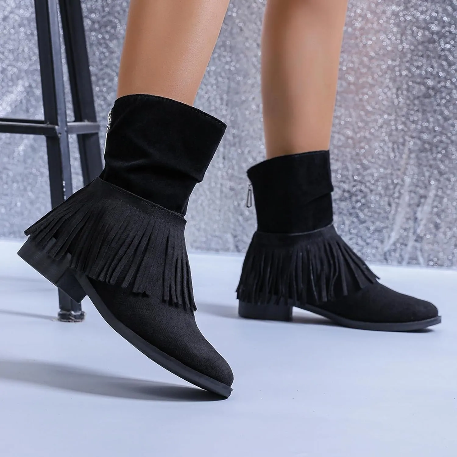 Women's Ankle Boots Fashion Tassel Chunky Thick Block Heel Western Suede Pointed Toe Mid-Calf Booties Shoes