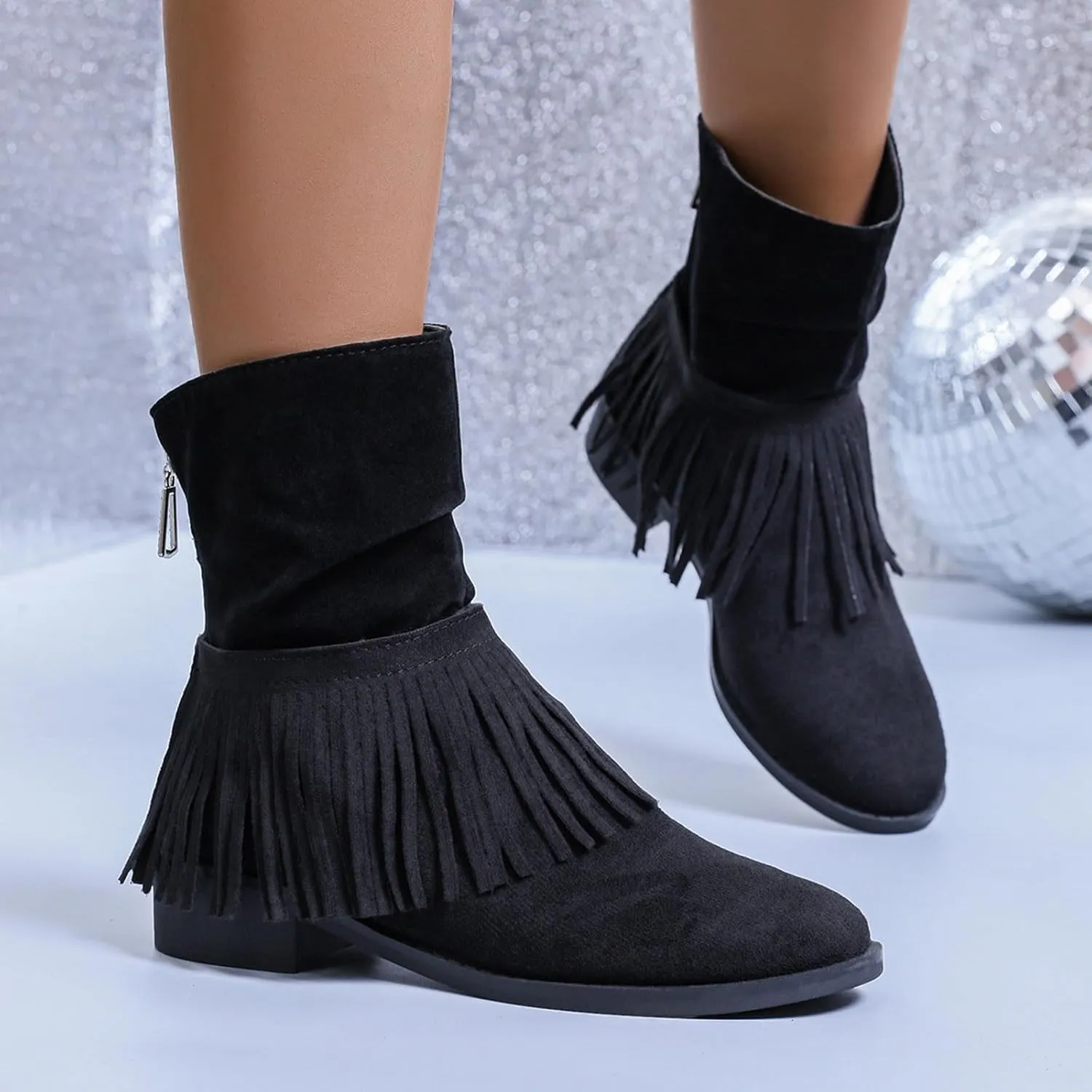 Women's Ankle Boots Fashion Tassel Chunky Thick Block Heel Western Suede Pointed Toe Mid-Calf Booties Shoes