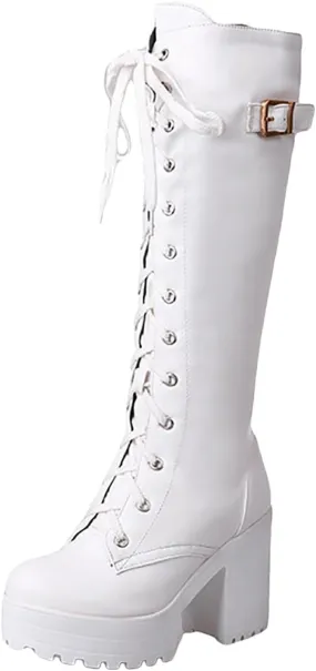 Womens Boots Knee High Boots Women Winter Boots for Women Chunky Heel Thigh High Shoes High Heel Lace-Up Booties