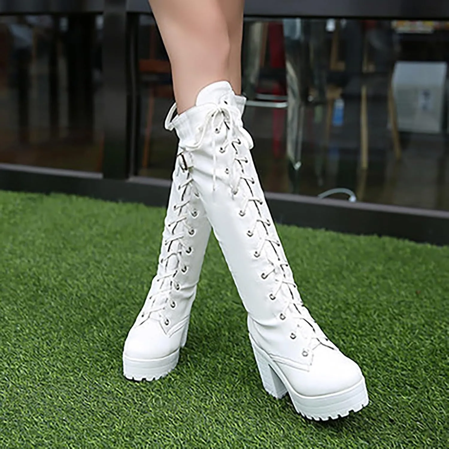Womens Boots Knee High Boots Women Winter Boots for Women Chunky Heel Thigh High Shoes High Heel Lace-Up Booties