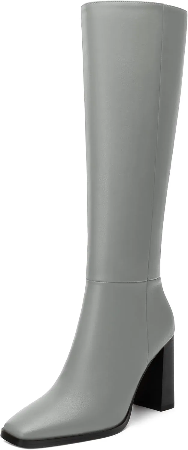 Womens Knee High Boots, Square Toe High Chunky Heel Knee High Boots for Women Zipper 3.5"