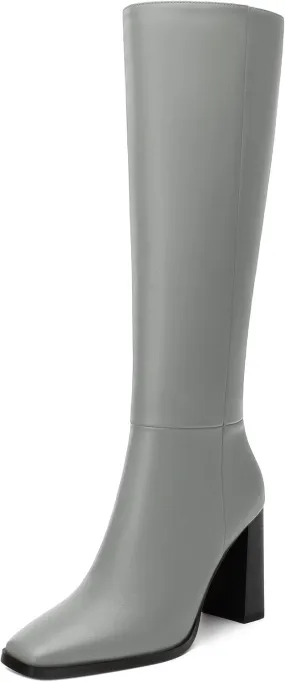 Womens Knee High Boots, Square Toe High Chunky Heel Knee High Boots for Women Zipper 3.5"