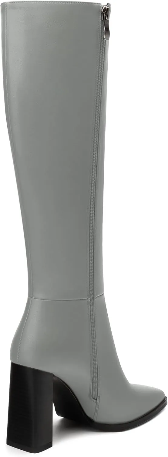 Womens Knee High Boots, Square Toe High Chunky Heel Knee High Boots for Women Zipper 3.5"