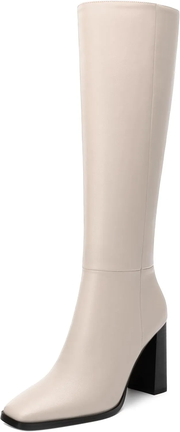 Womens Knee High Boots, Square Toe High Chunky Heel Knee High Boots for Women Zipper 3.5"