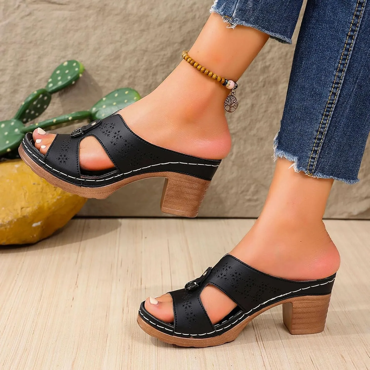 Womens Sandals Comfortable, Heeled Sandals for Women Open Toe Peep Toe Mules Chunky Block Low Heel Slip On Slides