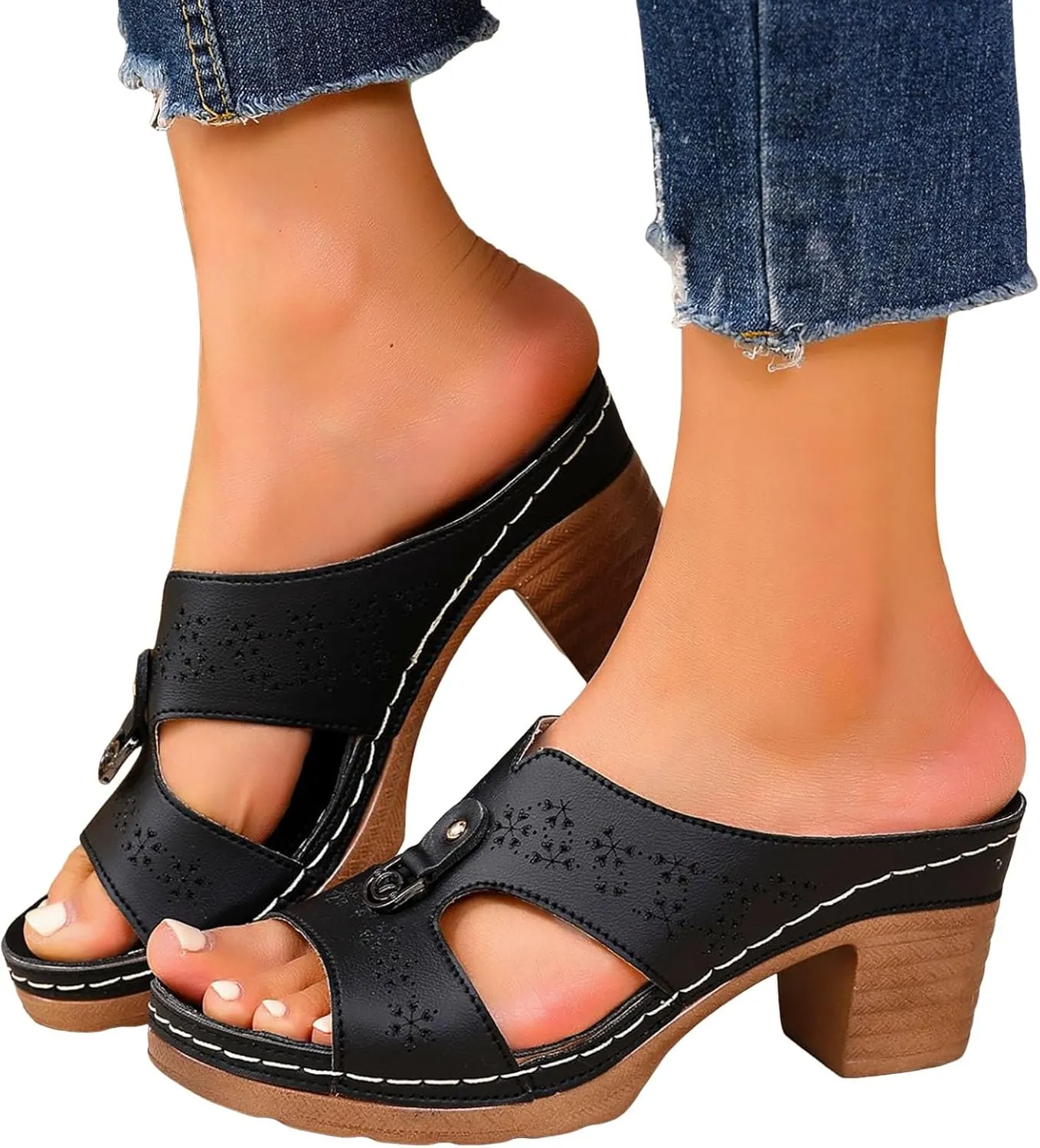 Womens Sandals Comfortable, Heeled Sandals for Women Open Toe Peep Toe Mules Chunky Block Low Heel Slip On Slides