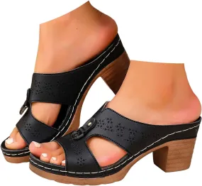 Womens Sandals Comfortable, Heeled Sandals for Women Open Toe Peep Toe Mules Chunky Block Low Heel Slip On Slides