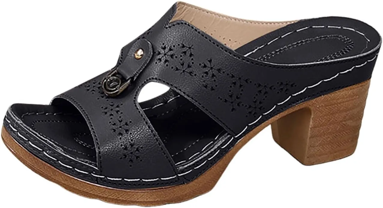 Womens Sandals Comfortable, Heeled Sandals for Women Open Toe Peep Toe Mules Chunky Block Low Heel Slip On Slides