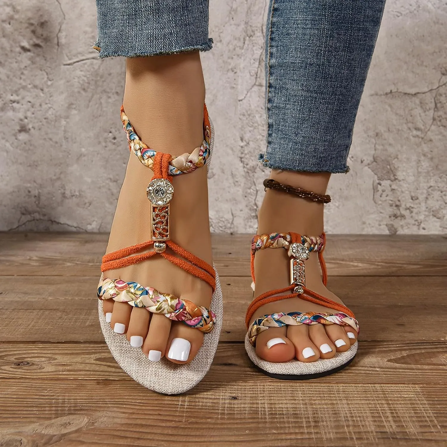 Women's Sandals Dressy Summer Shoes T-Strap Thong Bohemian Casual Sandals Elastic Ankle Strap Flat Walking Beach Shoes
