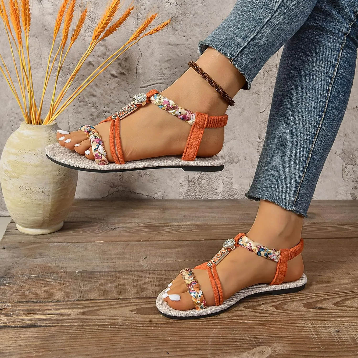 Women's Sandals Dressy Summer Shoes T-Strap Thong Bohemian Casual Sandals Elastic Ankle Strap Flat Walking Beach Shoes