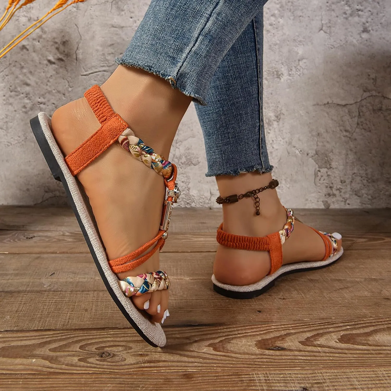 Women's Sandals Dressy Summer Shoes T-Strap Thong Bohemian Casual Sandals Elastic Ankle Strap Flat Walking Beach Shoes
