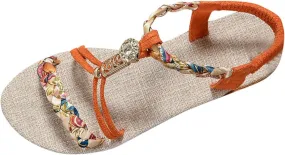 Women's Sandals Dressy Summer Shoes T-Strap Thong Bohemian Casual Sandals Elastic Ankle Strap Flat Walking Beach Shoes