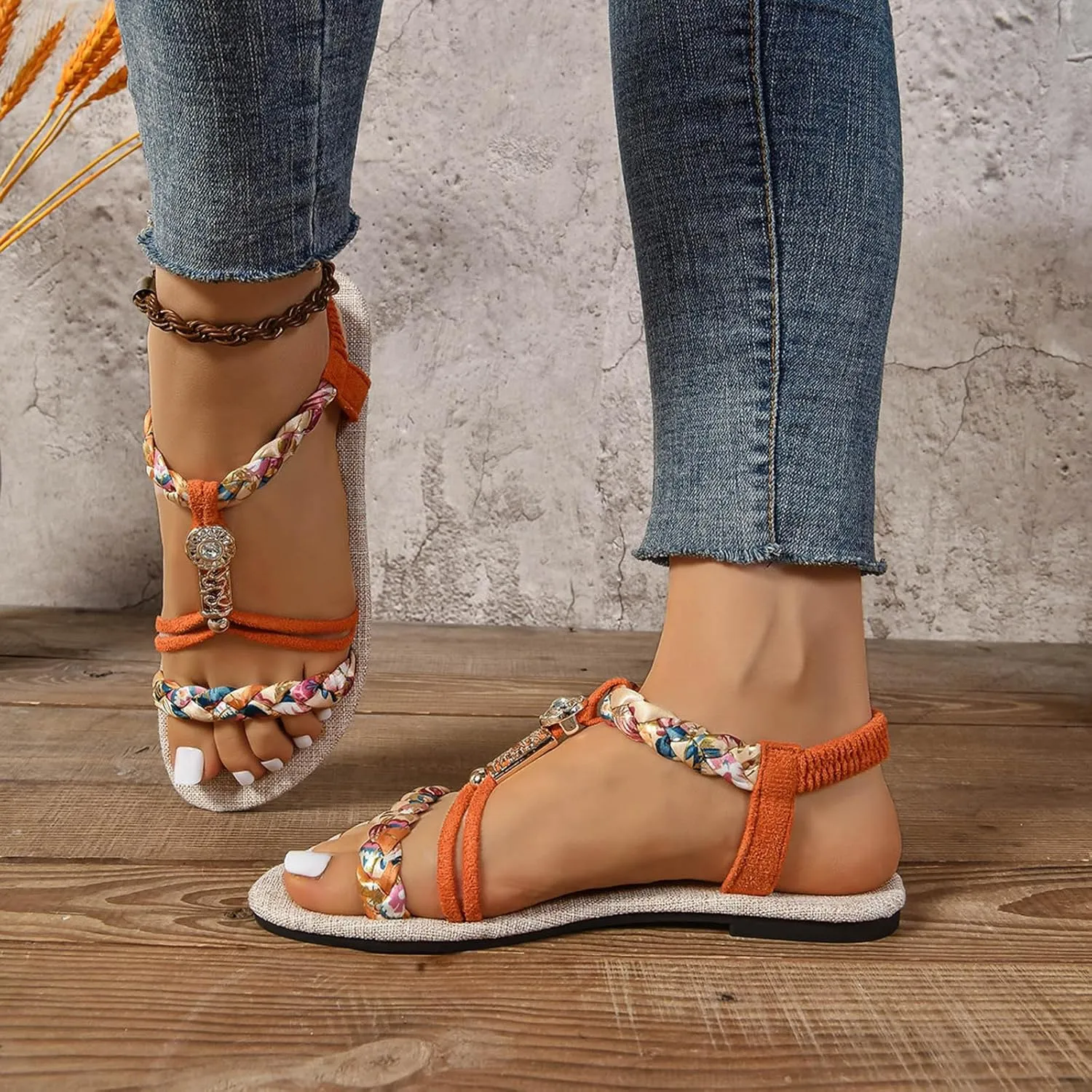 Women's Sandals Dressy Summer Shoes T-Strap Thong Bohemian Casual Sandals Elastic Ankle Strap Flat Walking Beach Shoes
