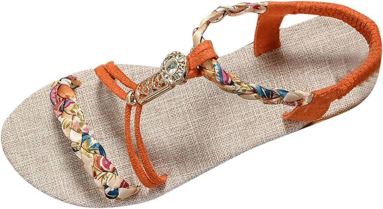 Women's Sandals Dressy Summer Shoes T-Strap Thong Bohemian Casual Sandals Elastic Ankle Strap Flat Walking Beach Shoes