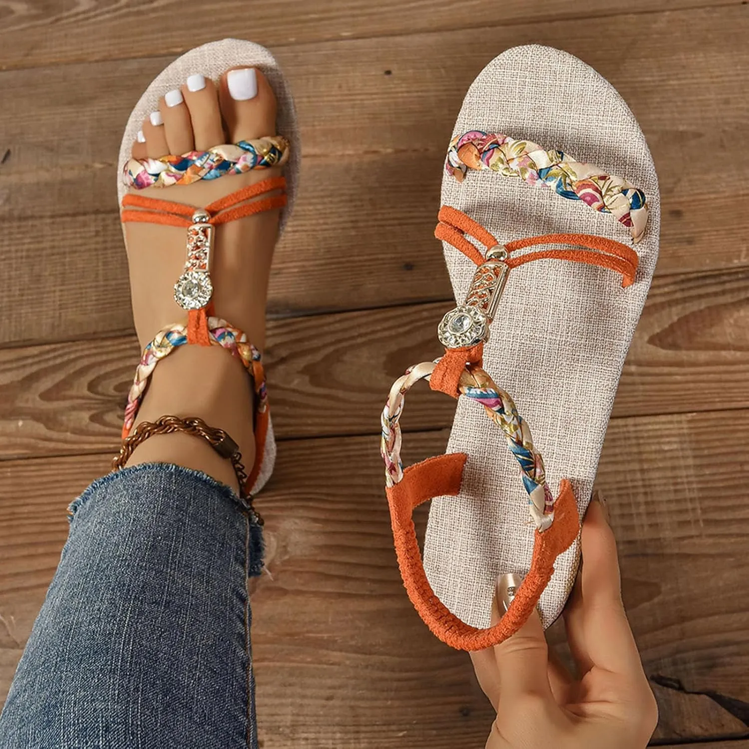 Women's Sandals Dressy Summer Shoes T-Strap Thong Bohemian Casual Sandals Elastic Ankle Strap Flat Walking Beach Shoes