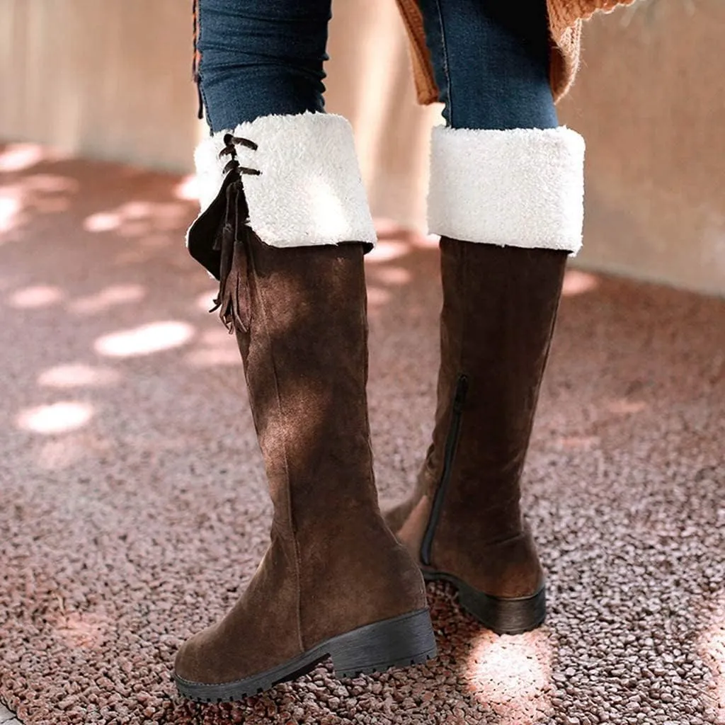 ZBYY Women's Knee High Stretchy Long Boots Fashion Anti-Slip Fur Lined Snow Boots Warm Winter Thigh High Low Flat Heel Boots Shoes
