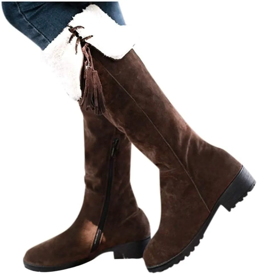 ZBYY Women's Knee High Stretchy Long Boots Fashion Anti-Slip Fur Lined Snow Boots Warm Winter Thigh High Low Flat Heel Boots Shoes