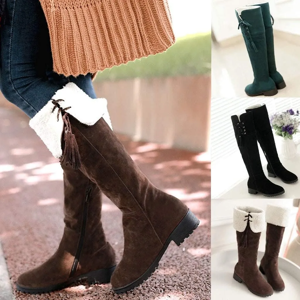 ZBYY Women's Knee High Stretchy Long Boots Fashion Anti-Slip Fur Lined Snow Boots Warm Winter Thigh High Low Flat Heel Boots Shoes